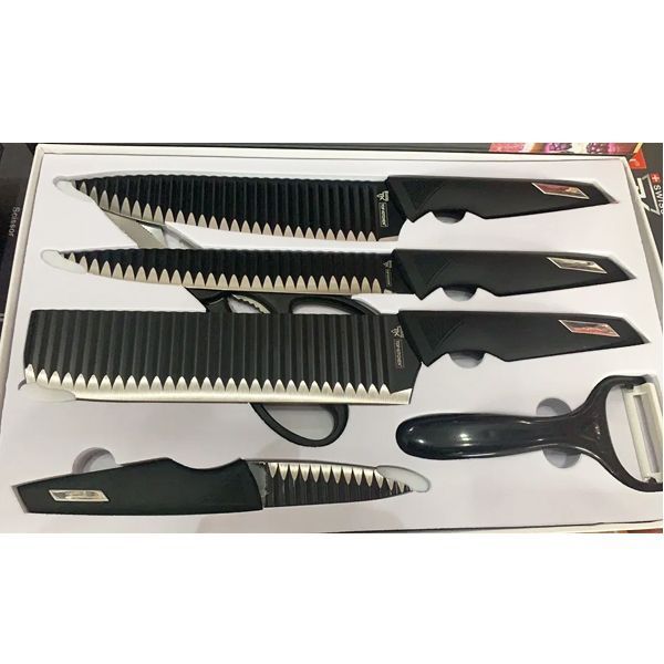 Набір кухонних ножів 6 в 1 TOP KITCHEN BN 03 з керамічним покриттям, антибактеріальні, з ергономічними ручками, для нарізки овочів, фруктів, м&rsquo;яса та хліба, з ножицями, подарункова упаковка BN 03 фото